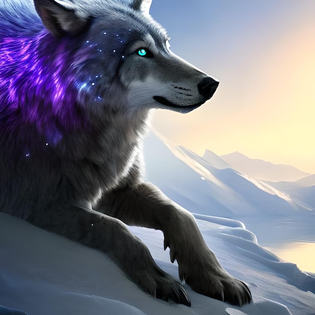 A blue wolf with a purple and blue eyes is laying on a snowy mountain.