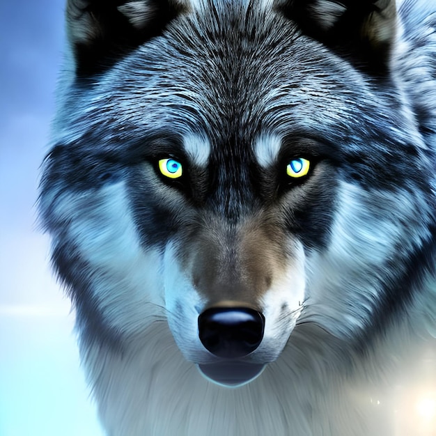 A blue wolf with yellow eyes and a blue sky background.