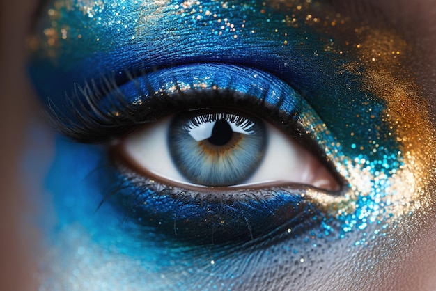 blue womans eye with perfect black eyelashes colorful makeup around the eye