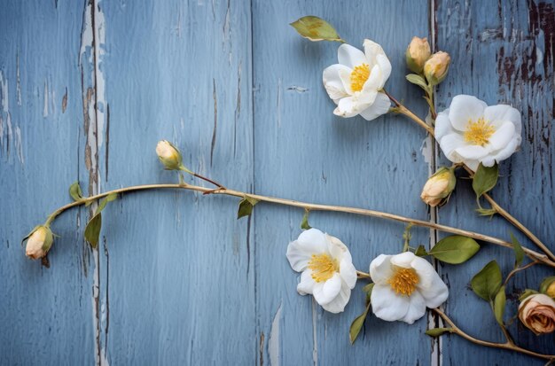 A blue wooden background with white flowers on it.