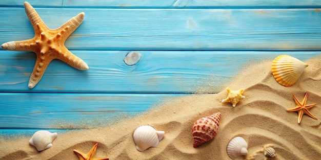 a blue wooden board with shells and shells on it