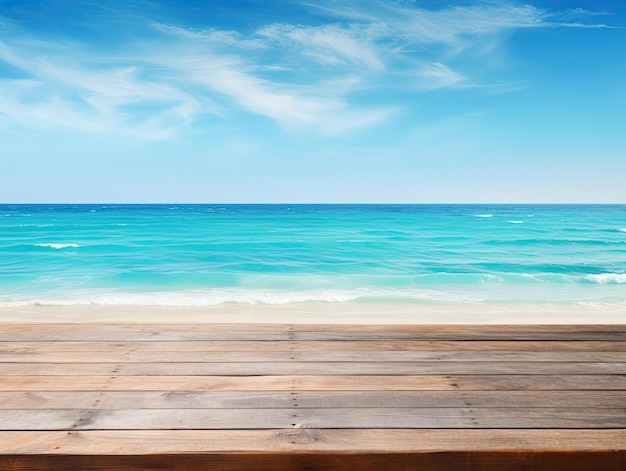 Blue Wooden Table Top with Scenic Beach View for Summer Vacation Background