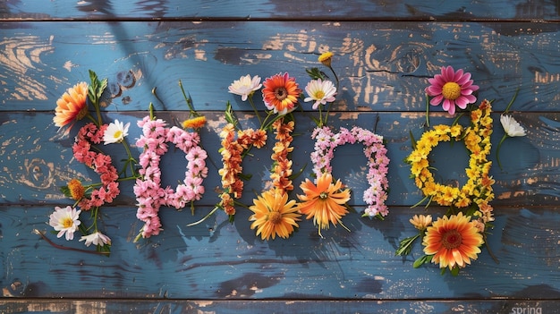 Photo a blue wooden table with flowers and the word papra on it