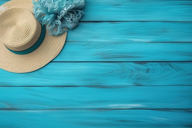 A blue wooden table with a hat on it