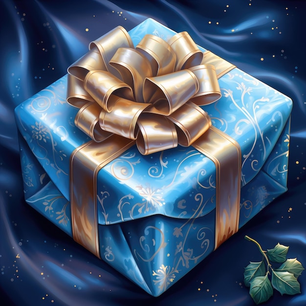 Blue wrapped gift box with gold bow