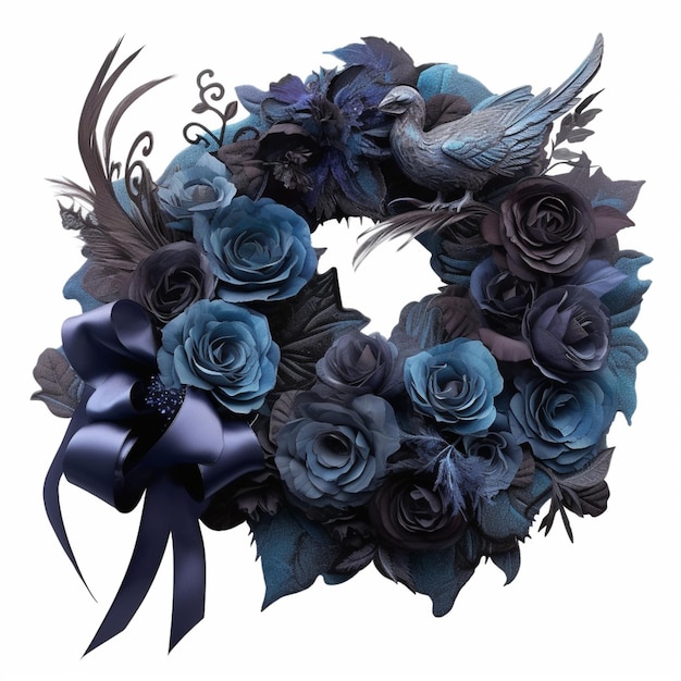 A blue wreath with a bird on it