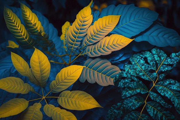 A blue and yellow background with leaves and the word love on it.