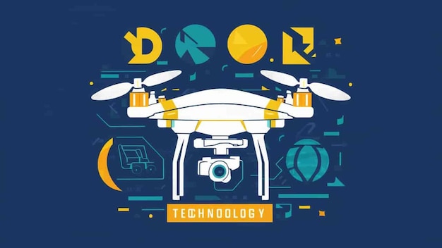 Photo a blue and yellow background with a picture of a drone with the words technology on the bottom