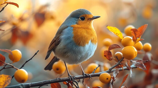 a blue and yellow bird is sitting on a branch with berries