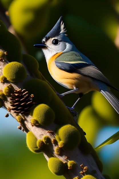 A blue and yellow bird is sitting on a branch with pine cones.