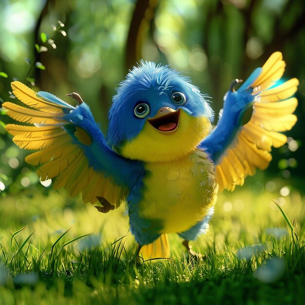 A blue and yellow bird named Chocopunk spreading his wings in the forest in the style of Disney Pix