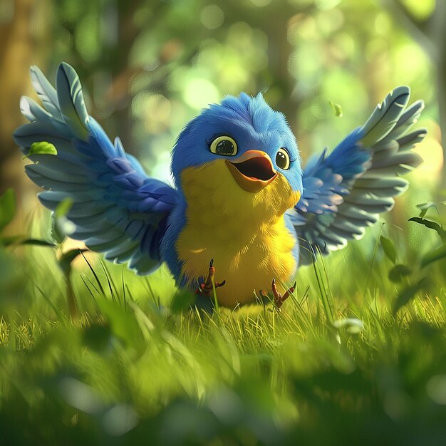 A blue and yellow bird named Chocopunk spreading his wings in the forest in the style of Disney Pix