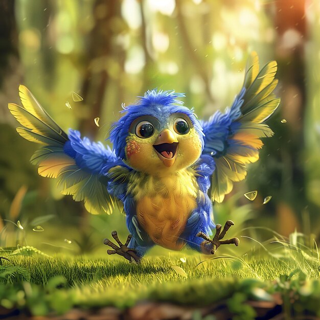 A blue and yellow bird named Chocopunk spreading his wings in the forest in the style of Disney Pix