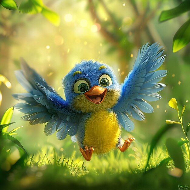 Photo a blue and yellow bird named chocopunk spreading his wings in the forest in the style of disney pix