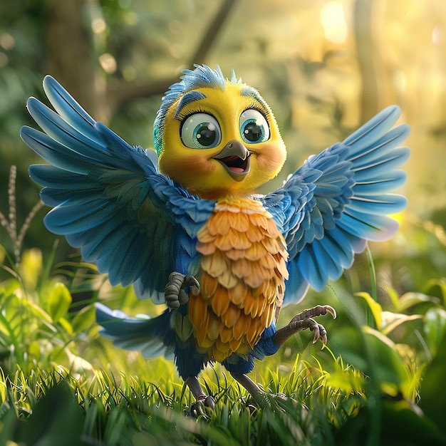 Photo a blue and yellow bird named chocopunk spreading his wings in the forest in the style of disney pix