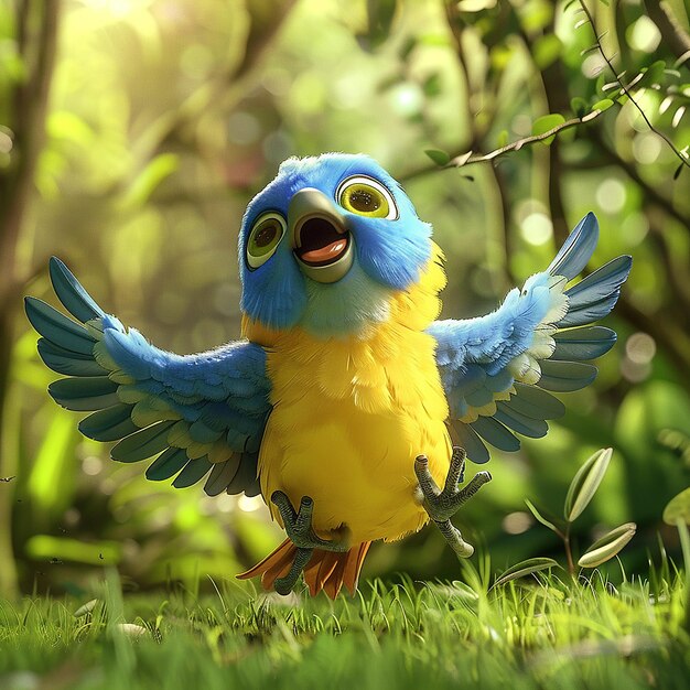 A blue and yellow bird named Chocopunk spreading his wings in the forest in the style of Disney Pix