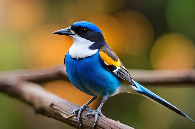 A blue and yellow bird sits on a branch.