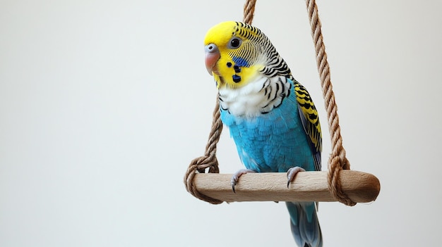 Photo a blue and yellow bird with a blue and yellow face sits on a rope