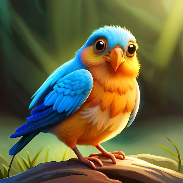 A blue and yellow bird with a yellow and blue tail sits on a rock.