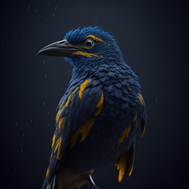 A blue and yellow bird with yellow on the wings is standing in the rain.