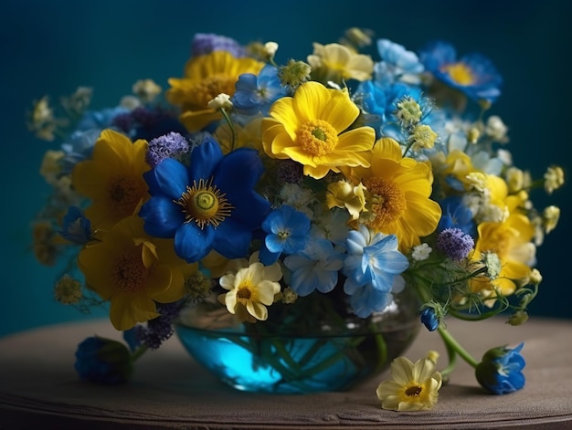 Blue and yellow bouquet of flowers Created with generative Ai technology