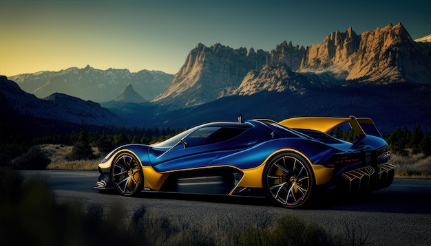 A blue and yellow car is parked in the mountains