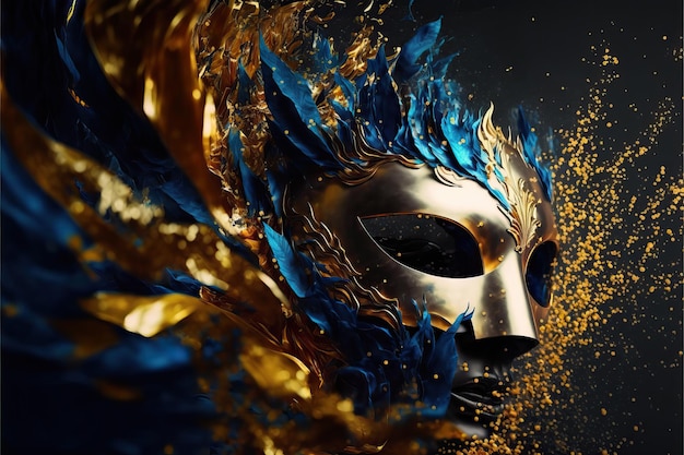 Blue and yellow carnival mask with glitter on a background of gold foil confetti and streamers