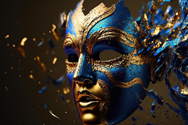 Blue and yellow carnival mask with glitter on a background of gold foil confetti and streamers