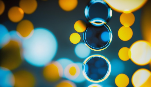 Blue and yellow circular reflections Blured light Winter abstract defocused background