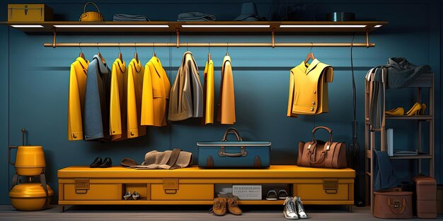 blue and yellow in a closet in 3d rendering in the style of photorealistic still lifes