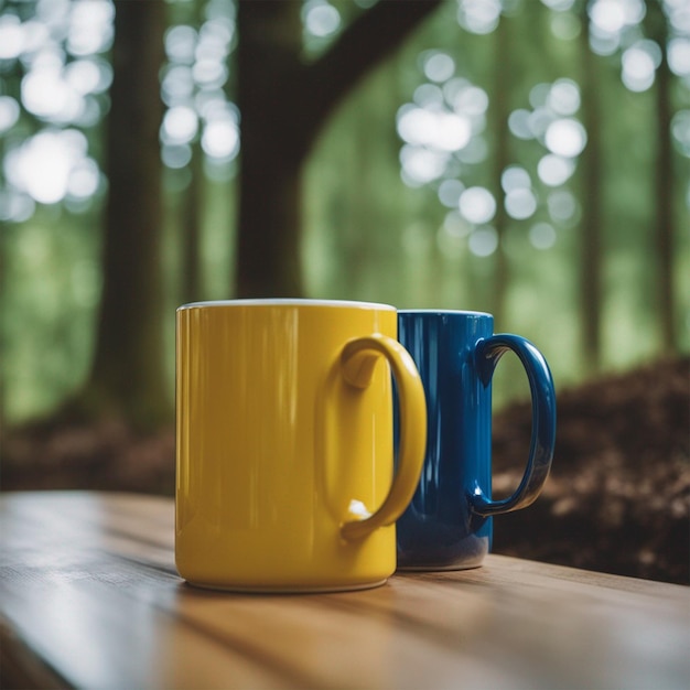 Blue and yellow coffee mugs in front of mirror in forest ai generated