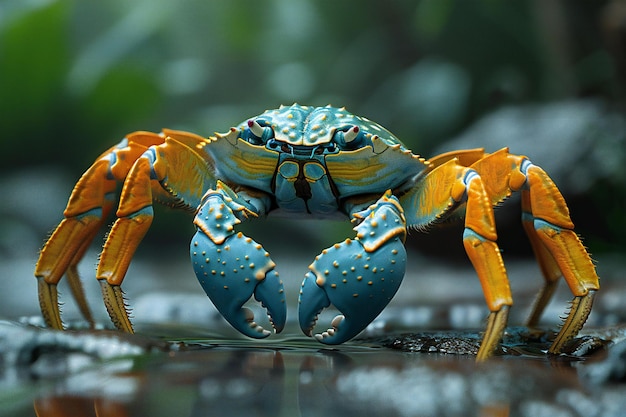 Blue and yellow crab in the rainforest