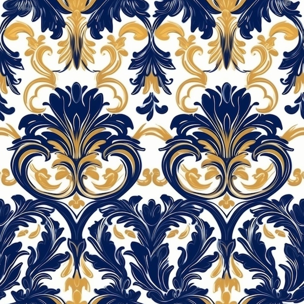 a blue and yellow damask pattern with a large generative ai