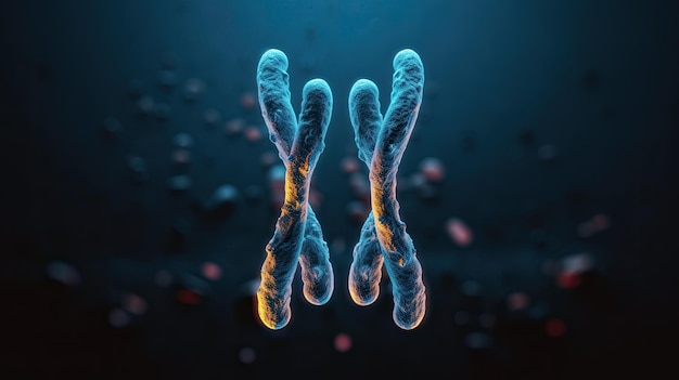 A blue and yellow dna model with a red cross in the middle.