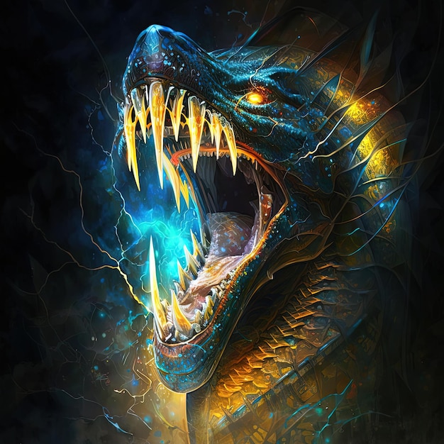 A blue and yellow dragon with yellow teeth and a blue and yellow snake.