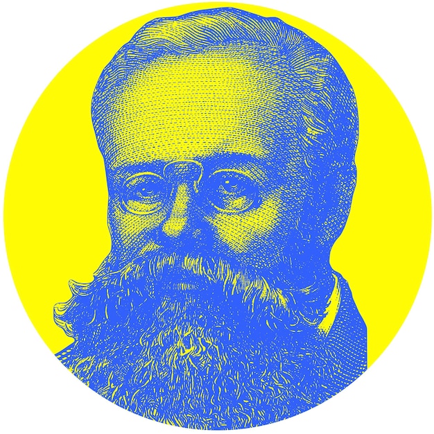 A blue and yellow drawing of a man with a beard and glasses.