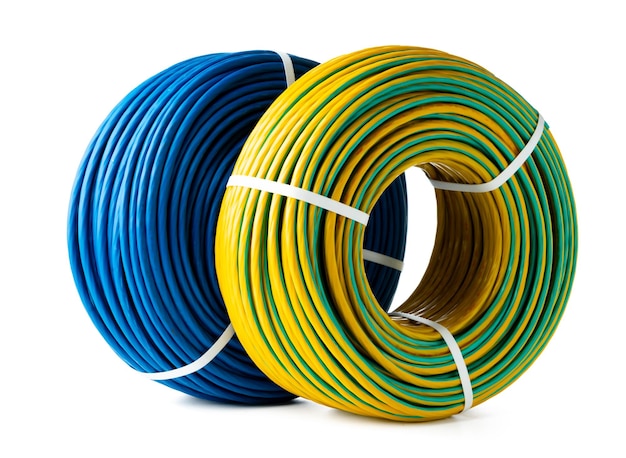 Blue and yellow electrical wire spools isolated on white background