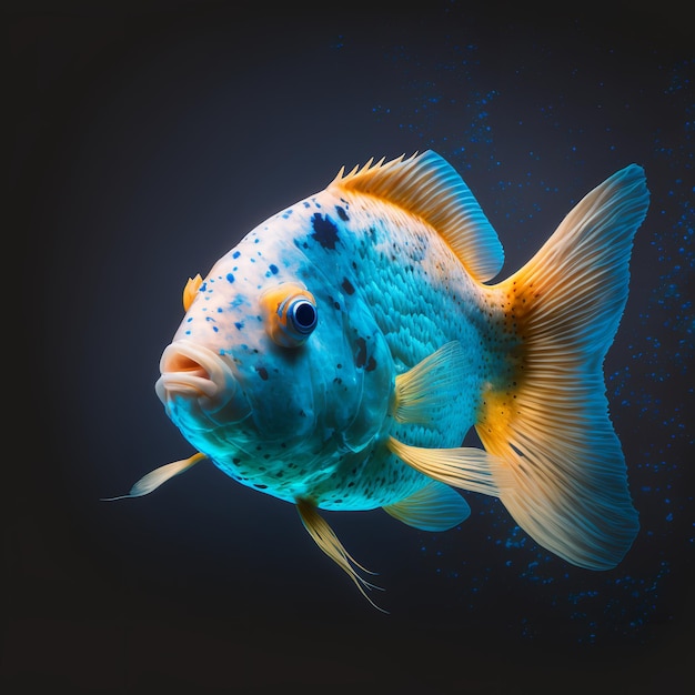 Photo a blue and yellow fish swimming in dark background