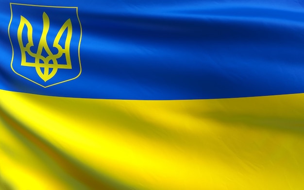 Blue and yellow flag with coat of arms Ukrainian flag of an independent European country State symbols Trident Independent Ukraine Sovereign Ukraine 3D illustration