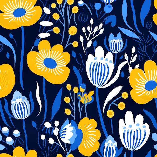 a blue and yellow floral background with yellow and white flowers