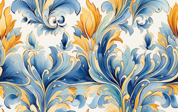 a blue and yellow floral wallpaper with a bird on it