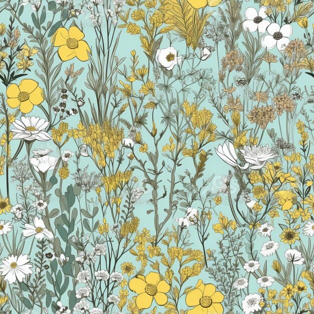 a blue and yellow floral wallpaper with white and yellow flowers generative ai