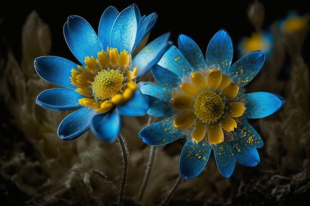 A blue and yellow flower is in the dark