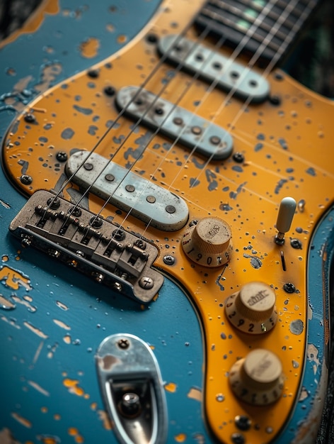 Photo a blue and yellow guitar with a blue cover