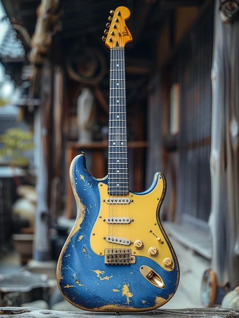 a blue and yellow guitar with a yellow body and a blue body