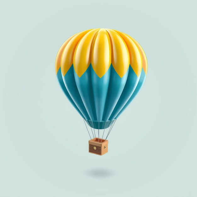 Photo blue and yellow hot air balloon with a wooden basket on a blue background