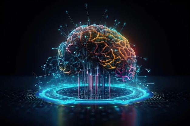 A blue and yellow image of a brain with a circuit board in the middle.