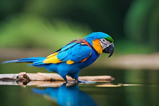 A blue and yellow macaw is sitting on a log in a tropical jungle.