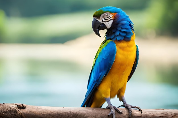 A blue and yellow macaw sits on a branch.