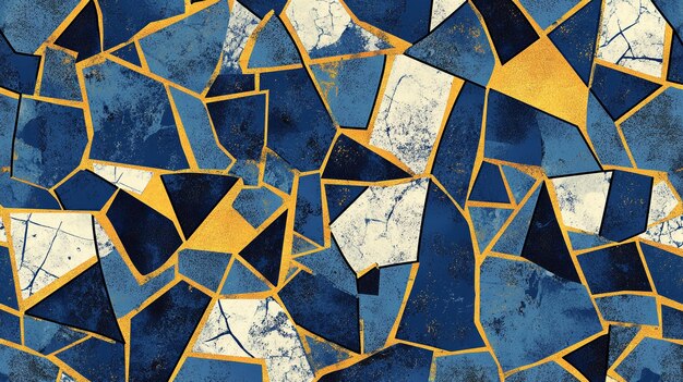 a blue and yellow mosaic with broken squares and a blue background